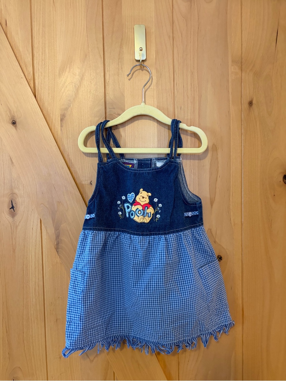 VTG Winnie The Pooh Denim Dress Embroidered Toddler Girl’s 3T Gingham Frayed
